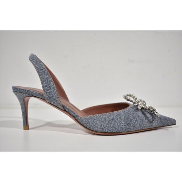Amina Muaddi Rosie Sling Denim Blue Crystal Bow Slingback Sandal Heel Pump 38.5 - Picture 3 of 11